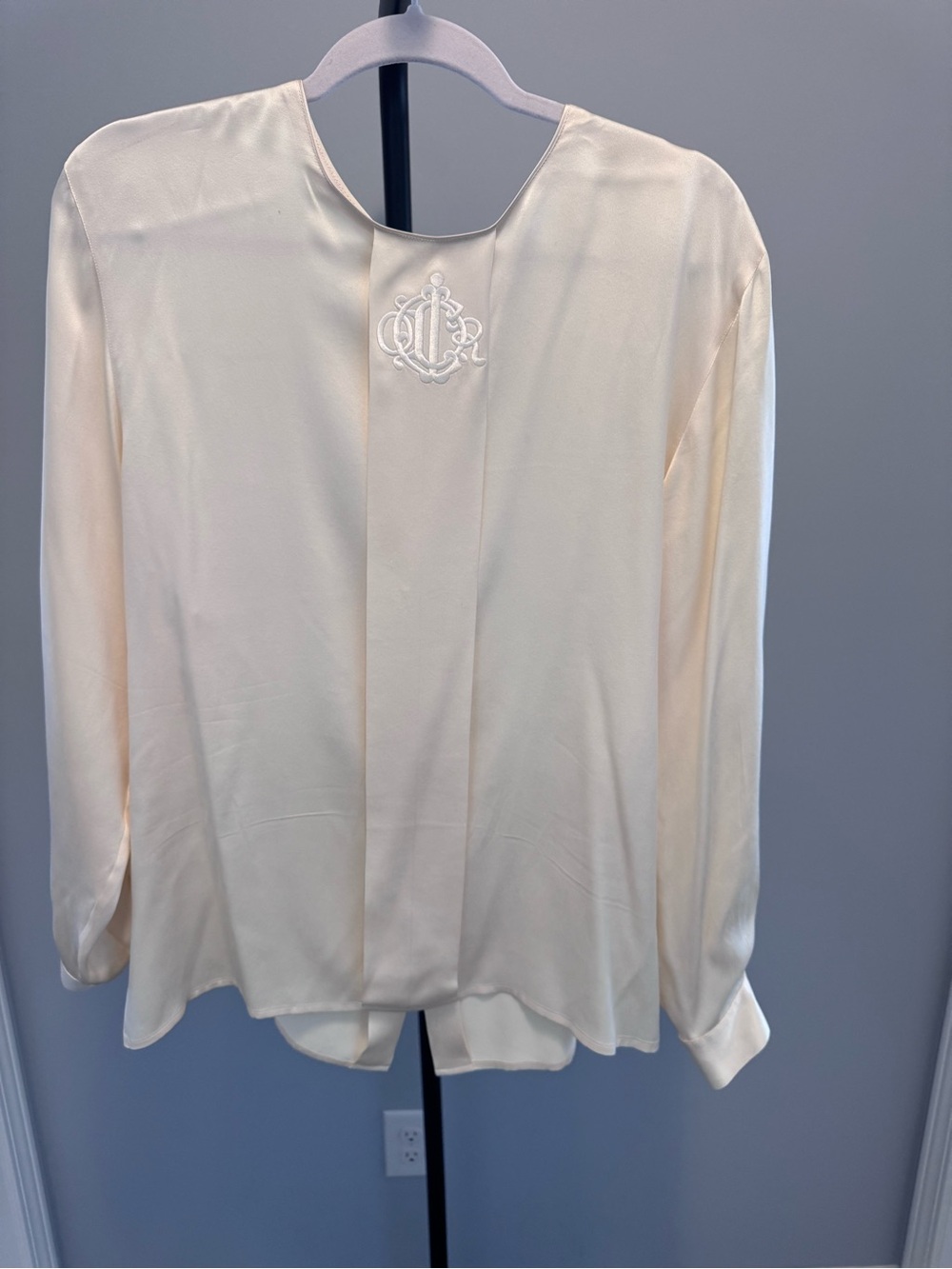 Dior Cream Silk-Feel Long Sleeve Blouse with Embroidered Monogram